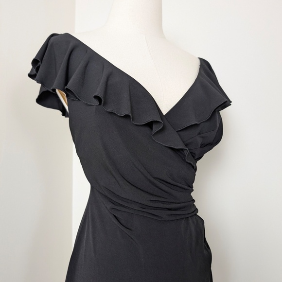 Black Mini Asymmetrical Dress LBD Little Ruffles Sleeveless Short V-neck - Picture 9 of 11